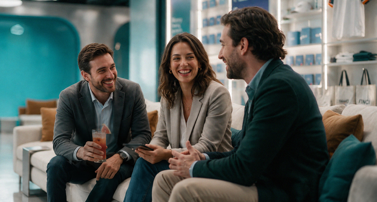 The FINCI team sharing a drink with a client at the booth bar